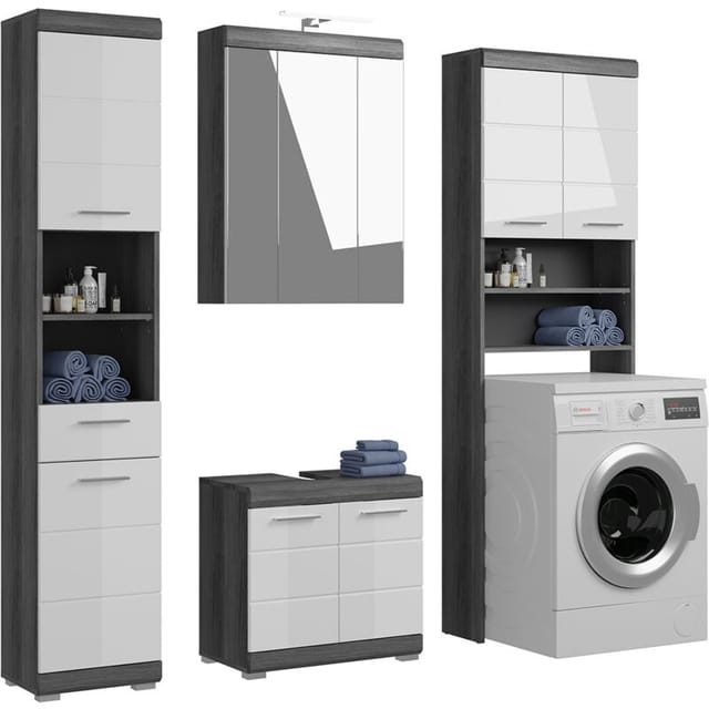 Lomadox - Badezimmermöbel Set 4-teilig modern in Hochglanz weiß mit grau SIROCO-158
