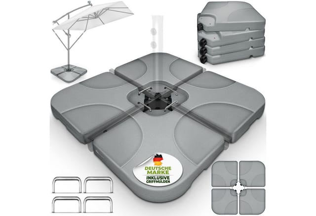 tillvex® Sonnenschirmständer Grau 60 Liter / 80 kg – 4-teilig für Ampelschirm inkl. Metallverbinder Schirmgewicht befüllbar mit Wasser oder Sand