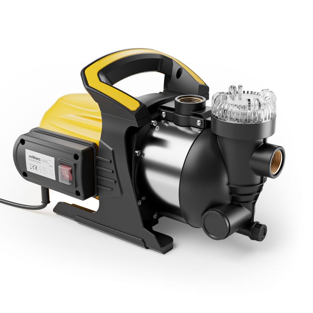 Wiltec Gartenpumpe 1200 W mit Edelstahl-Pumpengehäuse 3800 l/h, Wasserpumpe mit Vorfilter, Bewässerungspumpe mit Tragegriff für Gartenteich,