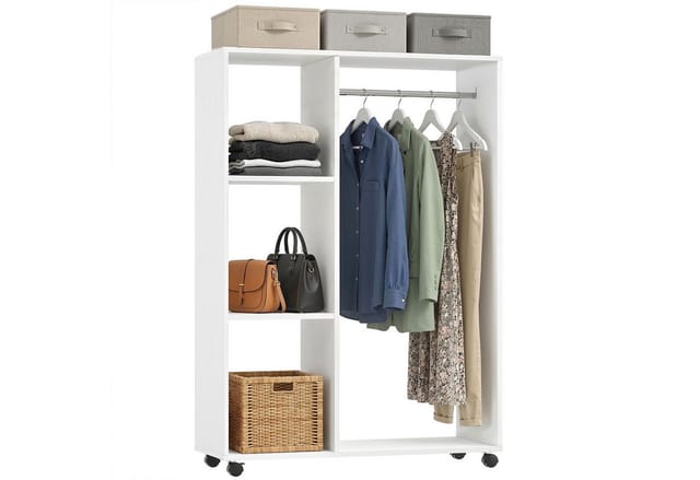 Homcom - Kleiderschrank auf Rollen, mobile Garderobe, 1 Kleiderstange, 3 Regale, Garderobenschrank, Rollbarer Kleiderständer für Flur, Schlafzimmer,