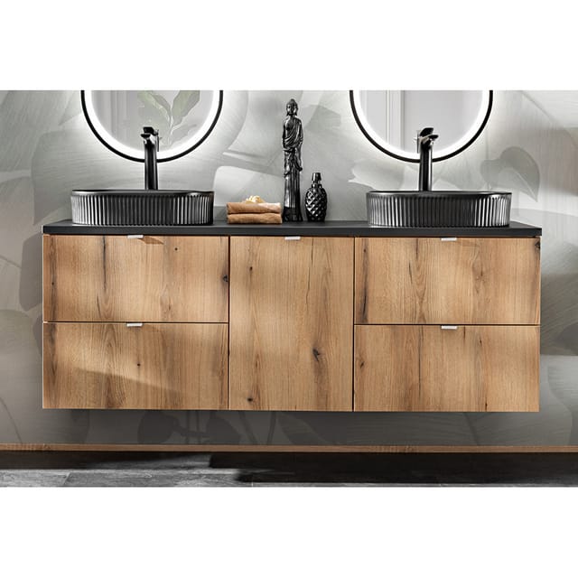 Doppelwaschtisch 160cm, in Eiche und schwarz, NEWPORT-56-OAK