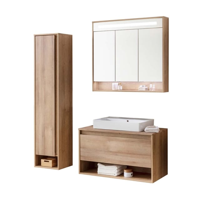 Fackelmann - natura Badmöbel Set 4-teilig, 94 cm, Braun hell + Spiegelschrank + Hochschrank links'-'90342145
