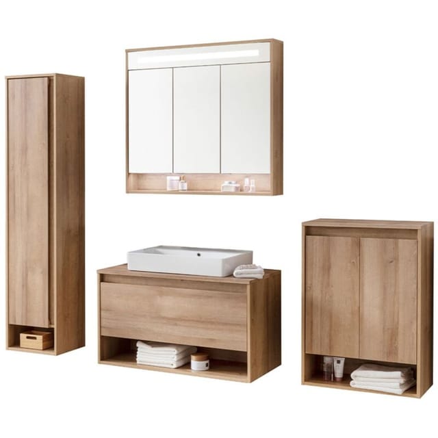 Fackelmann - natura Badmöbel Set 5-teilig, 94 cm, Braun hell+Spiegelschrank+Midischrank+Hochschrank'-'90341145