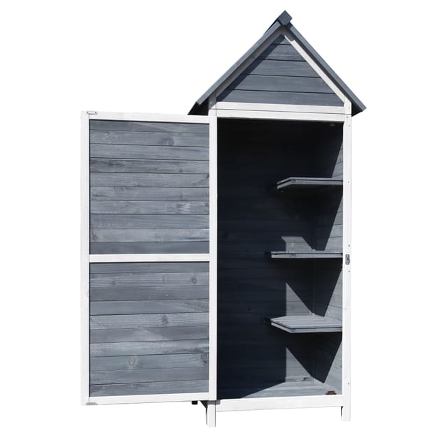 Gartenschrank aus Holz grau 77x53x179cm mit Tür, Satteldach und Bitumenisolierung Gerätehaus Werkzeughaus Geräteschrank Werkzeugschrank