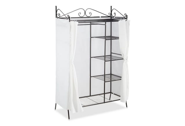 Metall Garderobe country 172 x 105 x 45 cm HxBxT, Landhausstil Kleiderschrank mit Stoffvorhang, schwarz-weiß - Relaxdays