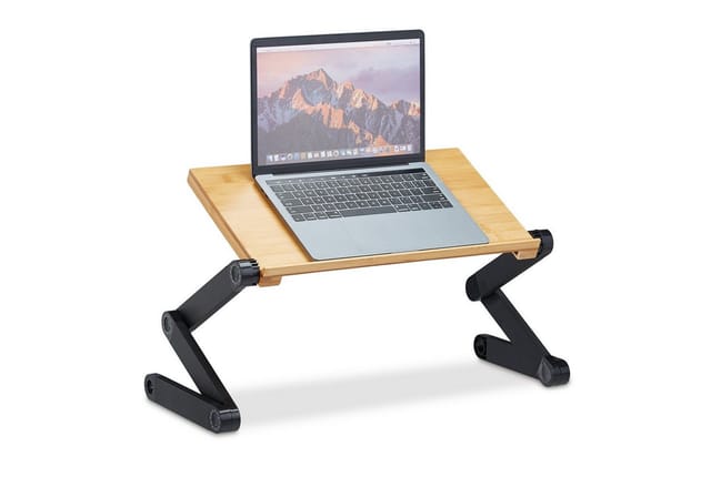 Laptop Ständer Bambus Aluminium, 15 Zoll Laptoptisch, Betttisch höhenverstellbar, hbt 47,5 x 60 x 26 cm, natur - Relaxdays
