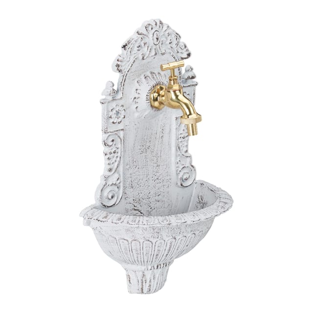 Wandbrunnen antik, mit Wasserhahn, nostalgisch, Waschbecken Garten, Aluguss, h x b x t 40 x 24,5 x 13 cm, weiß - Relaxdays