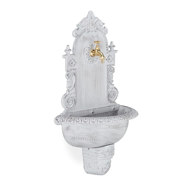 Relaxdays - xl Wandbrunnen antik, mit Wasserhahn, nostalgisch, Waschbecken Garten, Aluguss, hbt 75 x 44 x 22 cm, weiß