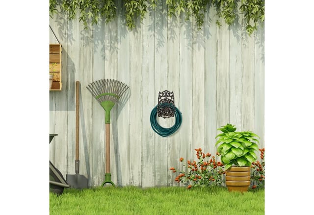 Relaxdays - Schlauchhalter, antikes Design, drehbar, Wandhalter Gartenschlauch, Gusseisen, hbt: 34x23x18 cm, schwarz-gold