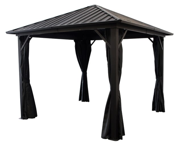 NOVARA: Pavillon 3x3 Meter quadratisch, Alugestell rostfrei schwarz, Dachplatten aus verzinktem Trapezprofil, schwarz beschichtet, mit Seitenteilen