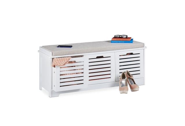 Relaxdays - Sitzbank mit Stauraum, 3 Körbe & Sitzkissen, Küchenbank Landhausstil, Garderobenbank HxBxT 44x105x35 cm, weiß