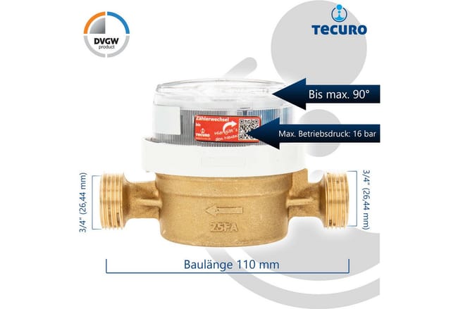 Tecuro - Kalt - Wasserzähler mit Baulänge 110 mm, Q³ 2,5 m³/h, DN15, 3/4 Zoll Aussengewinde, bis 30°C, dvgw, wras, 6 Jahre Eichlaufzeit