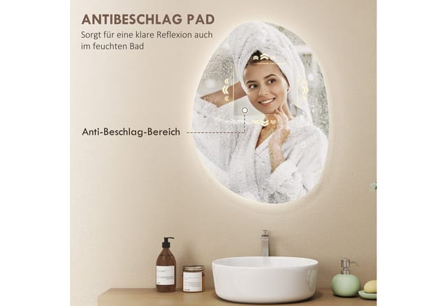 Homcom - Badspiegel mit Beleuchtung 70x50 cm led Spiegel mit Touchschalter, 3 Lichtfarben, Asymmetrischer Badezimmerspiegel mit Anti-Beschlag- &