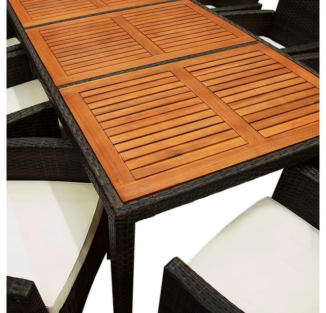 Gartenmöbel Set 8 Stühle inkl. 7cm Auflagen extra Breit mit Tisch 190x90cm Outdoor Terrassenmöbel Wetterfest Polyrattan Akazie Holz Essgruppe Garten