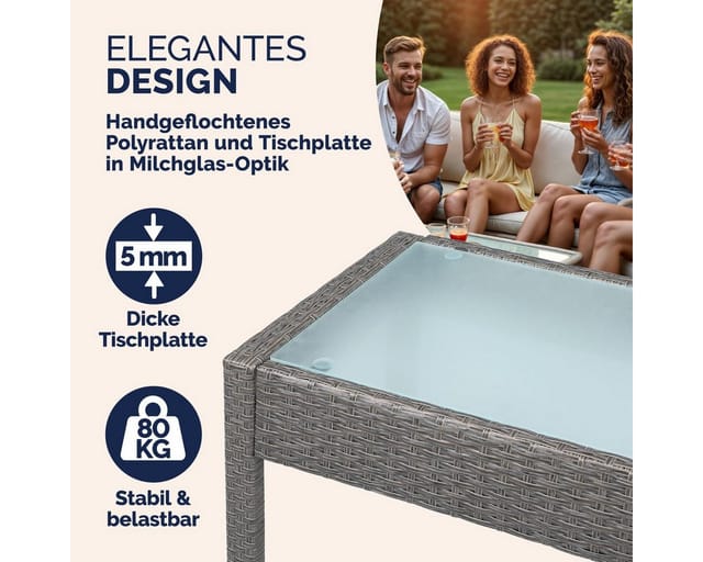 Gartenmöbel Set Wetterfest 4 Personen Outdoor inkl. Auflagen Polyrattan 2x Sessel Gartenbank Tisch Garten Terrasse Balkon Möbel Lounge Grau Grau