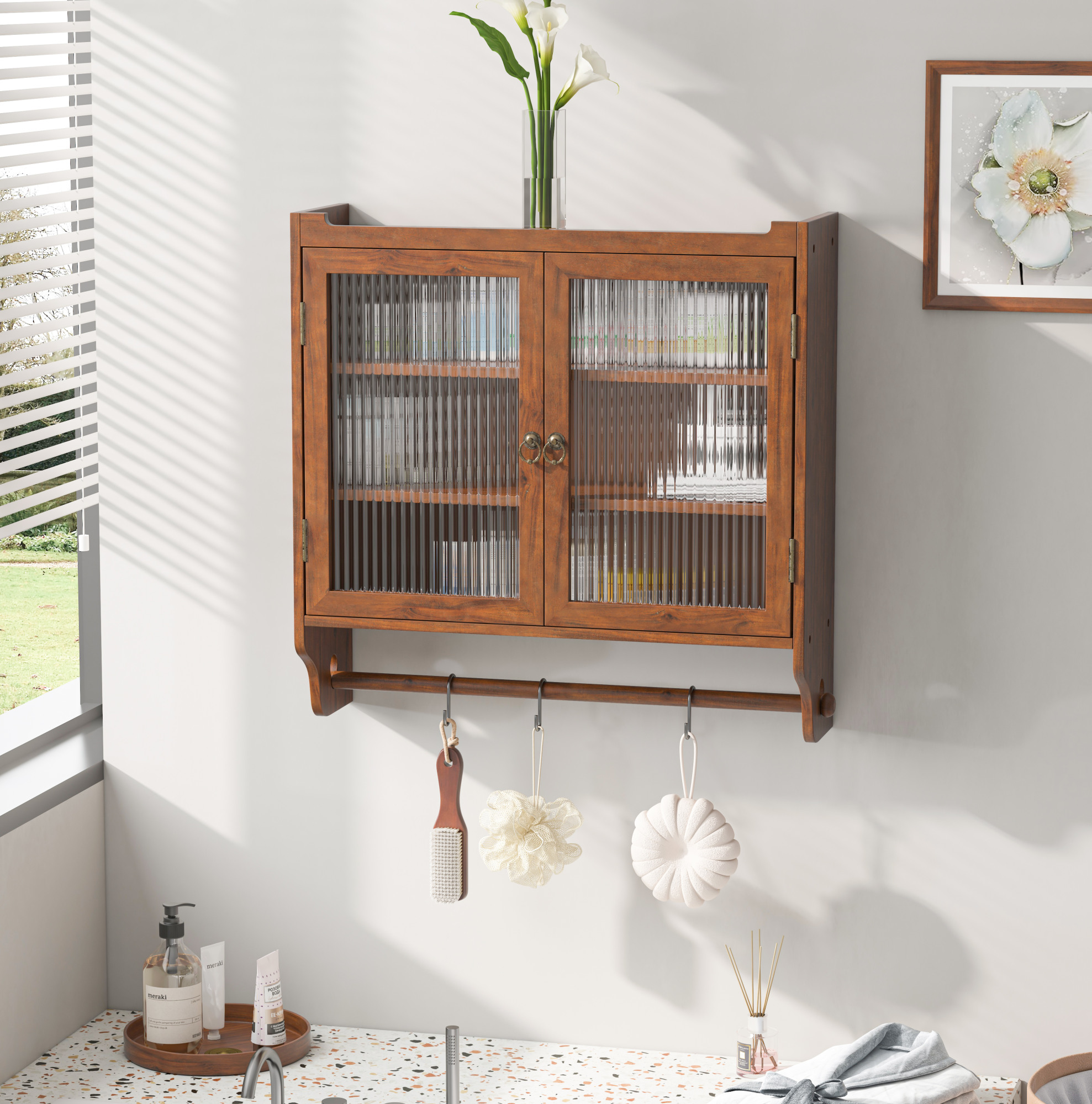 Meubliv Wandschrank Mit Doppeltür 63 X 18 X 60 Cm Braun Mit Glas Und Handtuchhalter