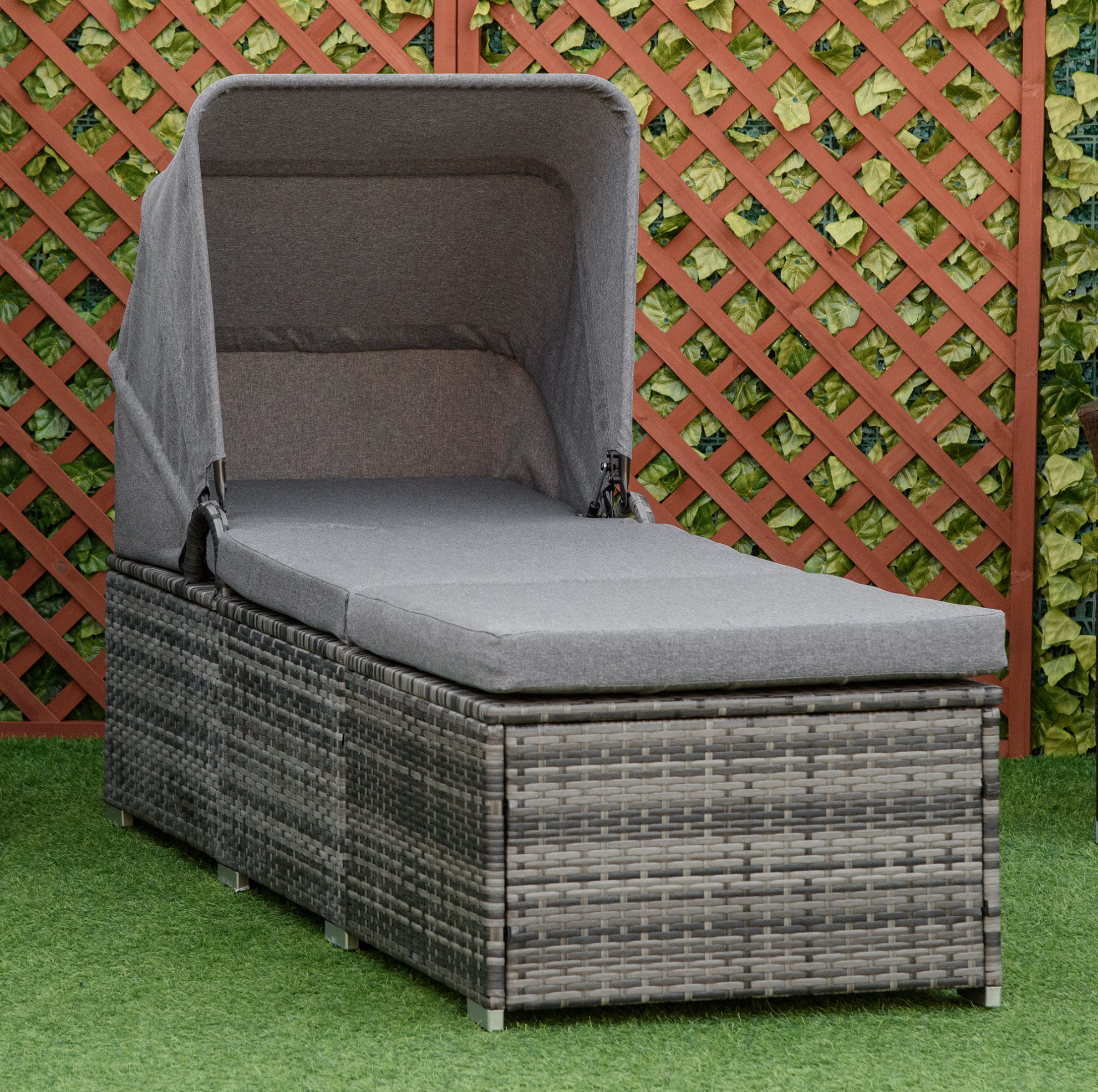Meubliv Sonnenliege Aus Grauem Polyrattan Mit Verstellbarem Sonnendach Und Kissen
