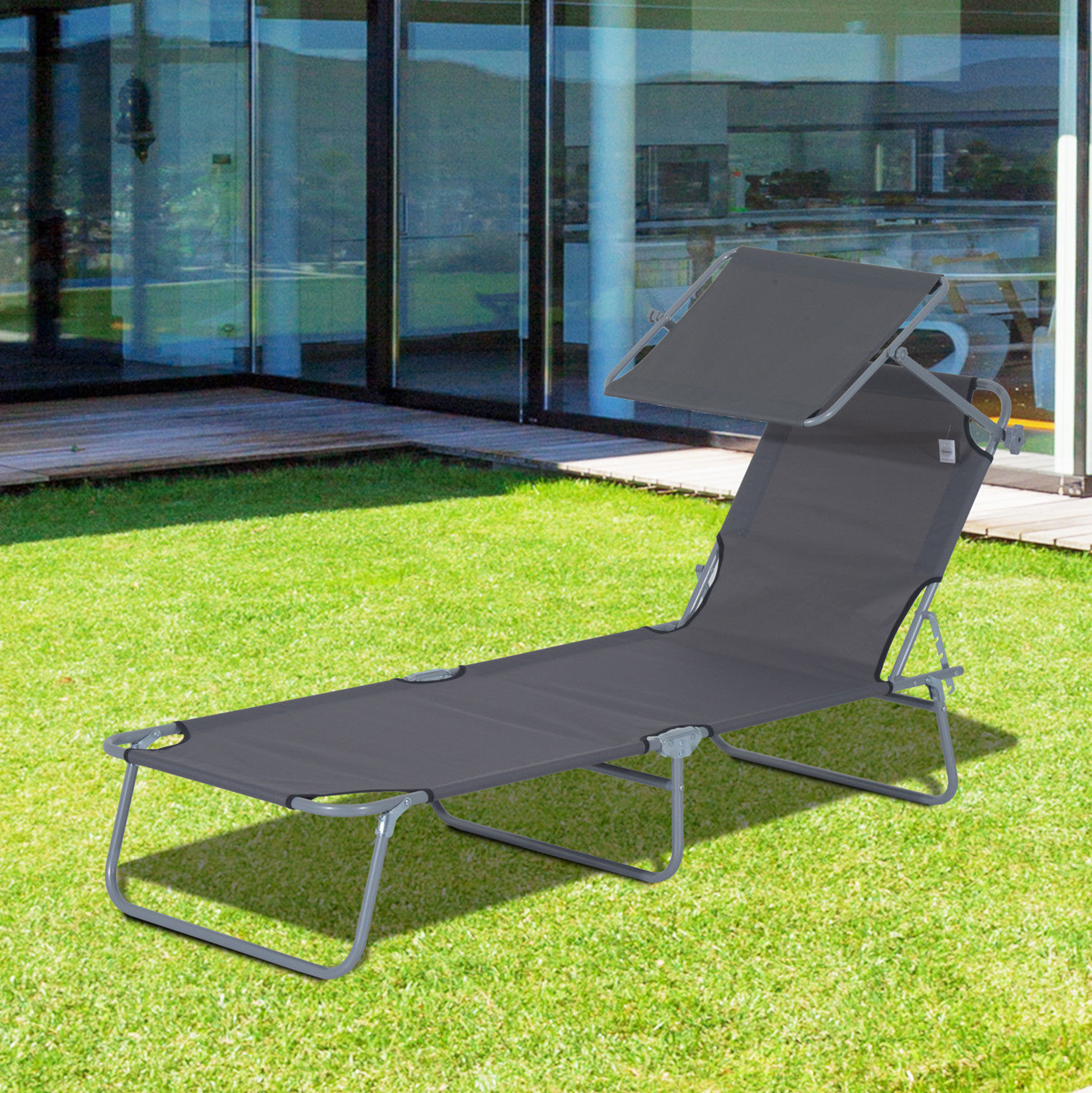 Meubliv Graue Klappbare Gartenliege 187x58x36 Cm Mit Verstellbarem Sonnendach