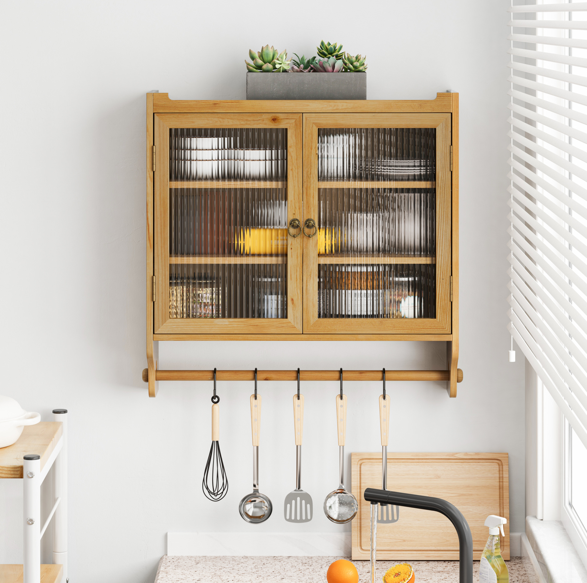 Meubliv Wandschrank 63 X 18 X 60 Cm Natur – 2 Glastüren Und Handtuchhalter
