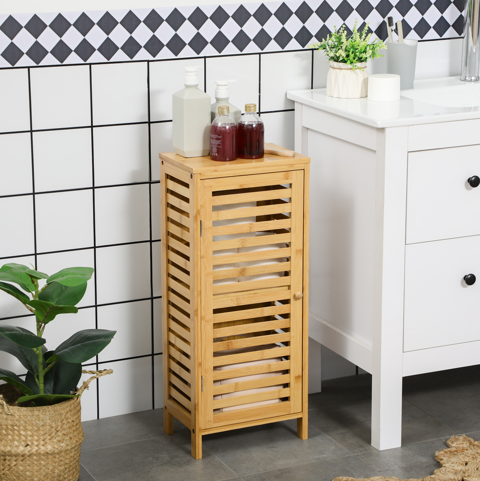 Meubliv Badezimmerschrank Aus Natürlichem Bambus 30 X 19,9 X 70 Cm Mit Lamellentür
