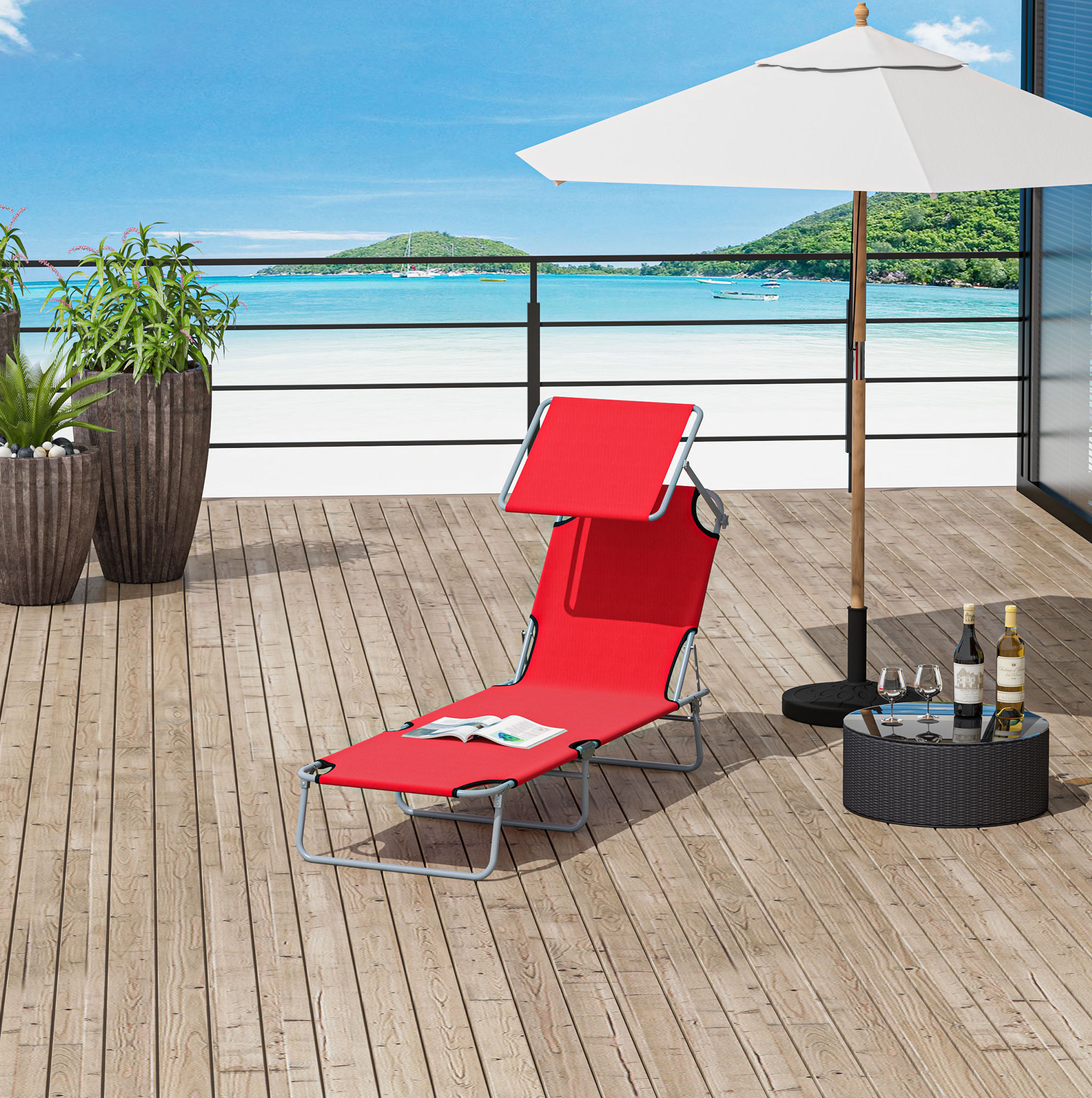 Meubliv Klappbare Rote Sonnenliege Mit Verstellbarem Sonnendach 187 X 58 X 36 Cm