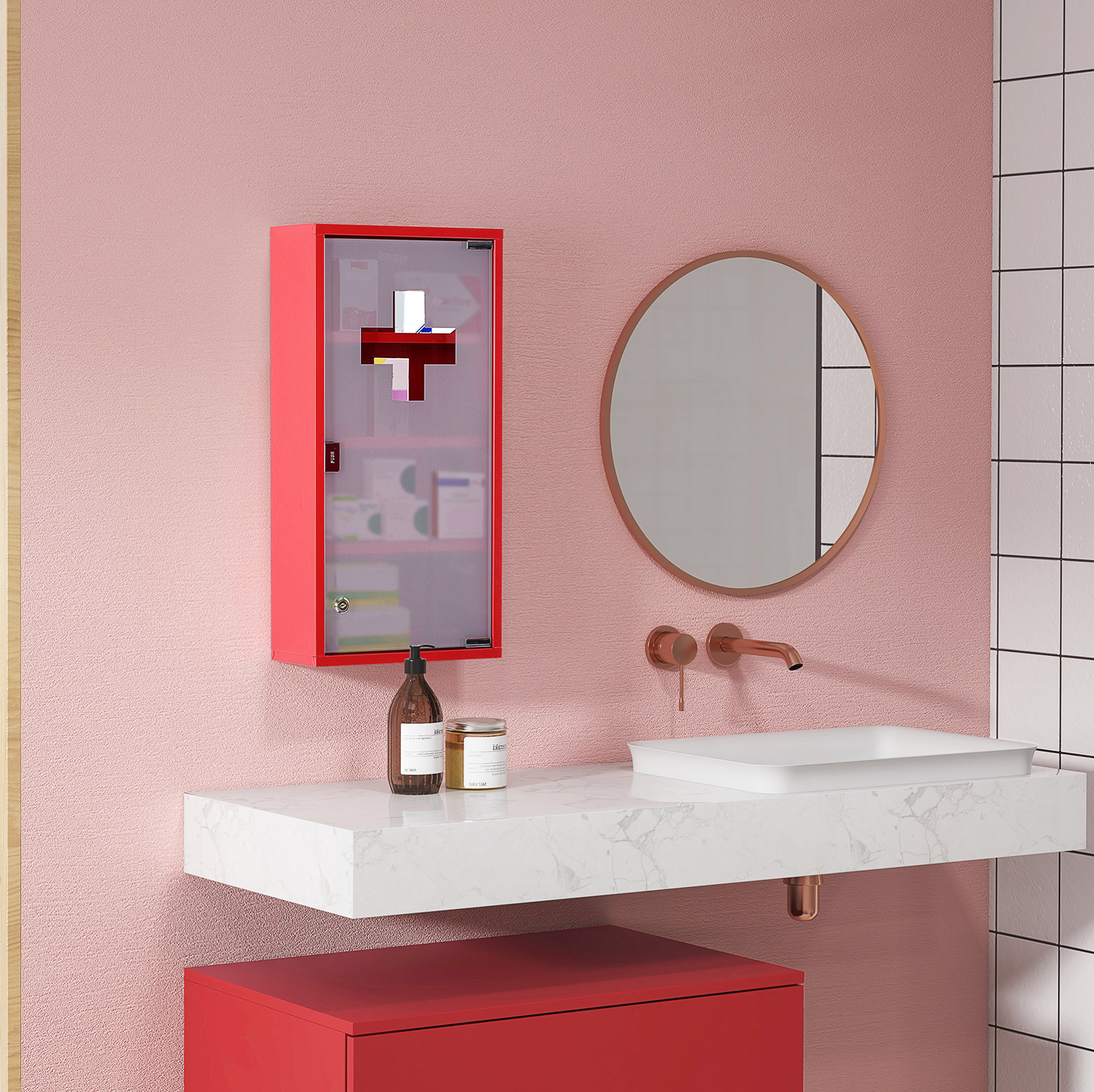 Meubliv Medizinschrank Aus Stahl Rot 30x12x60 Cm Mit Schloss Und Satiniertem Glas
