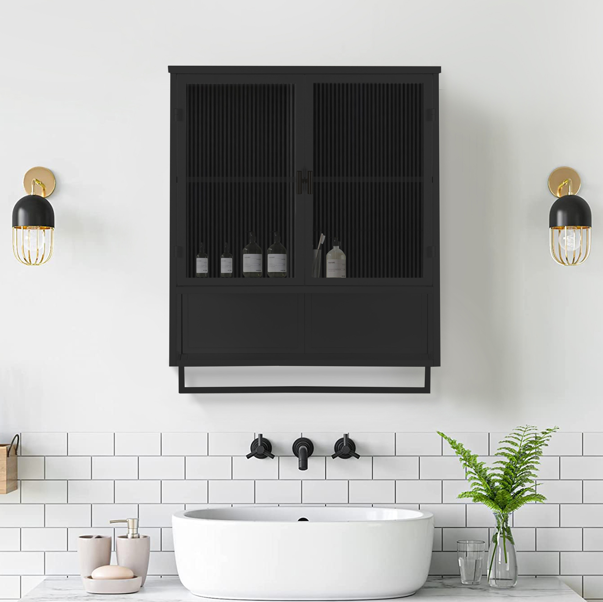 Meubliv Wandregal 60 Cm Schwarz Mit Glastüren, Offenem Fach Und Handtuchhalter