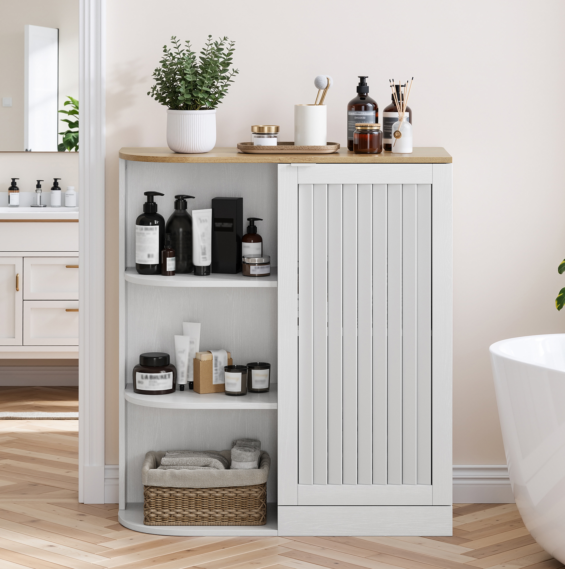 Meubliv Eckschrank Fürs Badezimmer, Weiß Und Eichedekor, 68x25x76 Cm, Verstellbare Regalböden