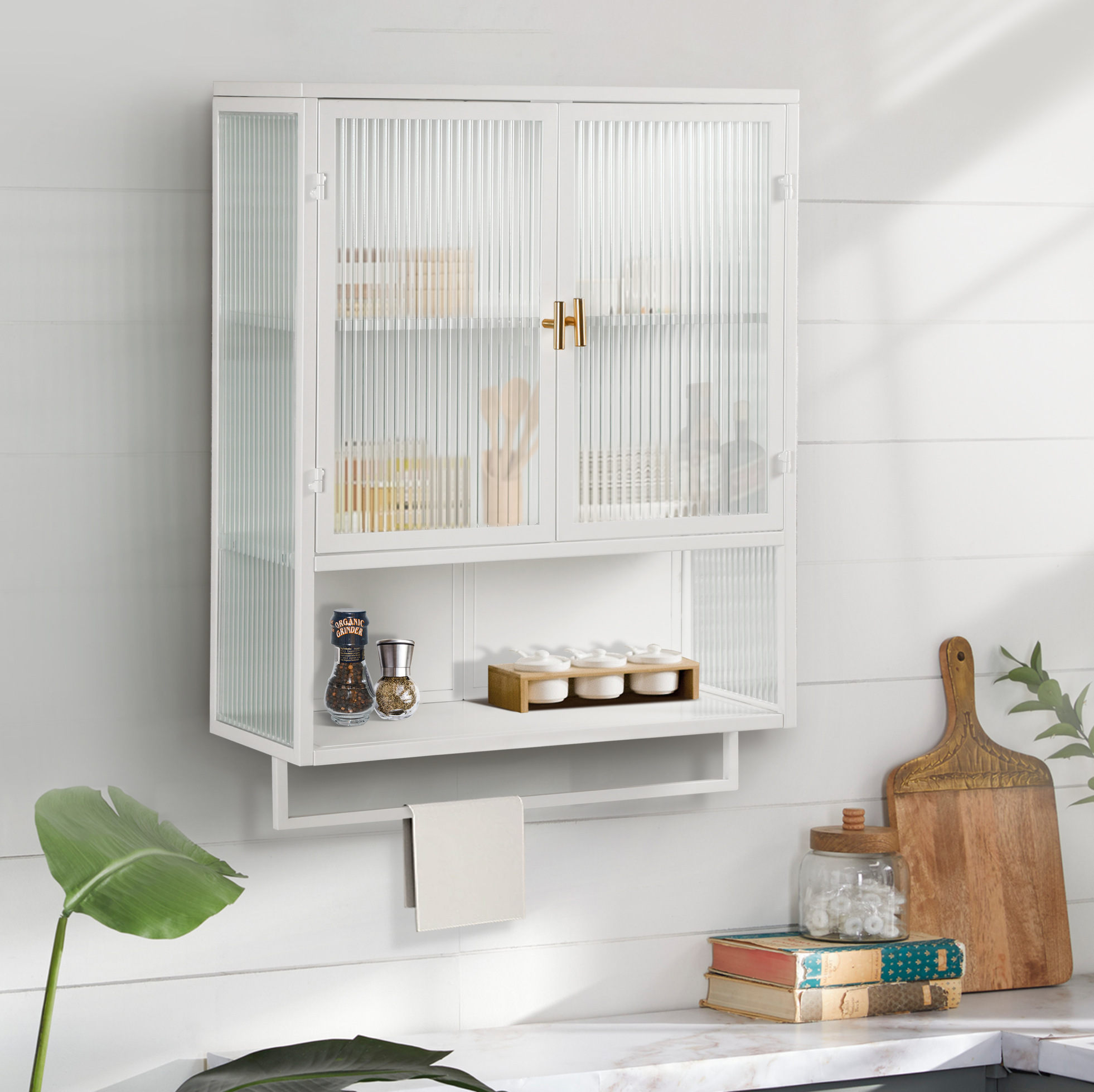 Meubliv Wandschrank 60 Cm Weiß Mit Glastüren, Offenem Regal Und Handtuchhalter