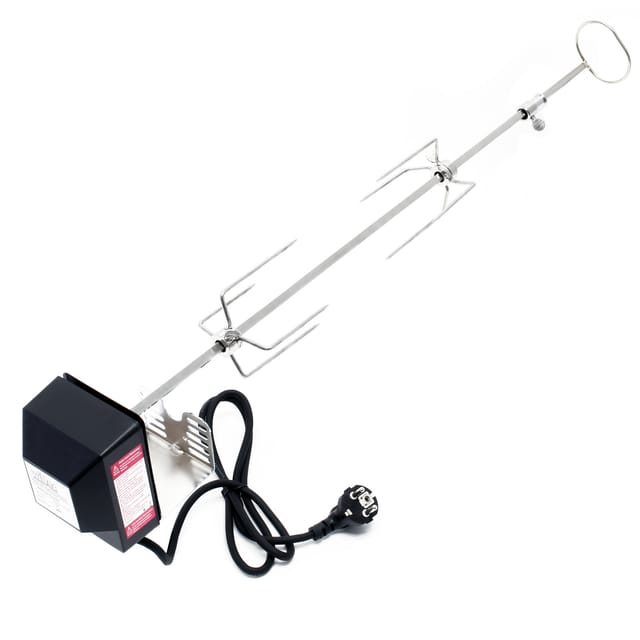 Bbq Grillspieß 82cm 230V aus Edelstahl, inkl. 2 Fleischklammern, Drehspieß Rôtisserie