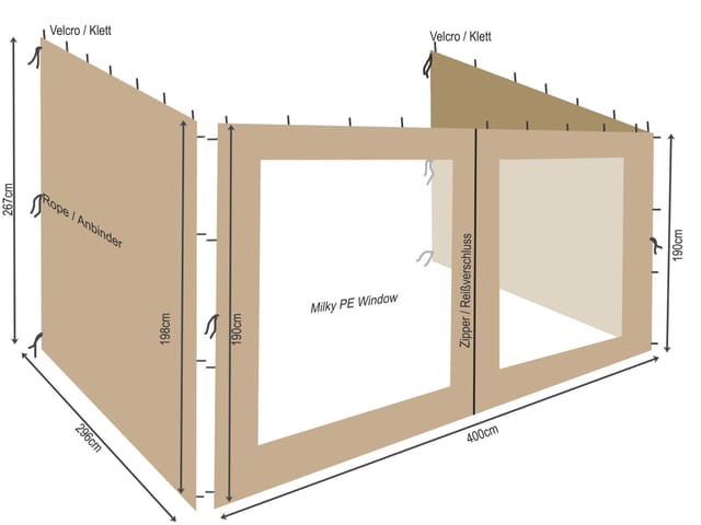 Quick-star - 3 Seitenteile zu Rank Anbau Pavillon 3x4m Sand mit Fenster