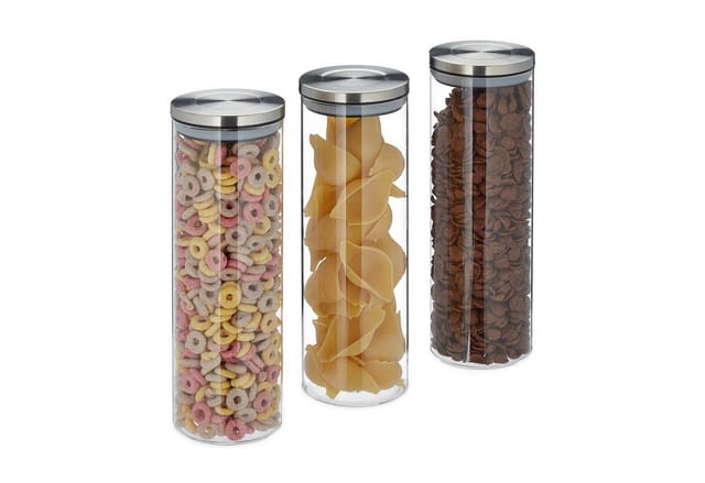 Vorratsglas 3er Set, luftdicht, Edelstahl Deckel, für Pasta, Müsli & Reis, 1,6 l Küchenbehälter, transparent - Relaxdays