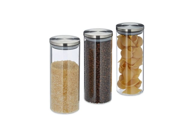 Vorratsglas 3er Set, luftdicht, Edelstahl Deckel, für Pasta, Müsli & Reis, 1,5 l Küchenbehälter, transparent - Relaxdays