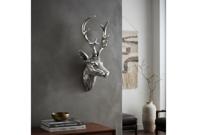 Hirschgeweih 10 Ender - Wand Deko in Silber Optik 30x15 cm - Hirschkopf Skulptur Jagd Geweih