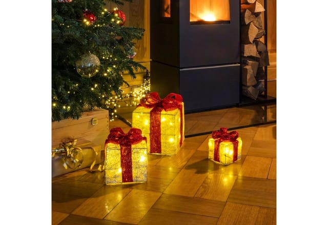 Led Geschenkboxen mit Timer 3er Set - rot - Weihnachts Deko Boxen warm weiß beleuchtet Batterie betrieben mit Timer