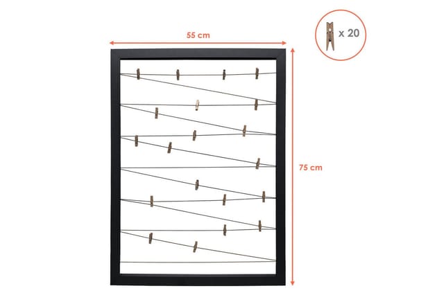 Fotohalter 75x55 cm schwarz - Gummileine mit 20 Holz Klammern - Fotorahmen Bilder Rahmen Galerie