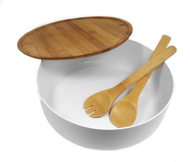 XXL Salatschüssel inklusive Bambus Besteck 30 cm - weiß - Kunststoff Schale groß mit Holz Deckel - Rührschüssel Servierschüssel Obstschale Schüssel