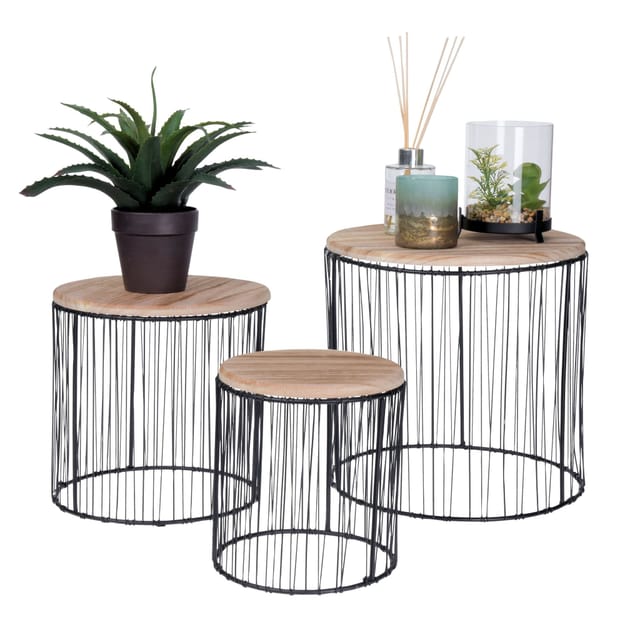 Spetebo - Metall Pflanzenständer im 3er Set - 29 / 24 / 19 cm - kleine Deko Blumenhocker mit Holz Ablage
