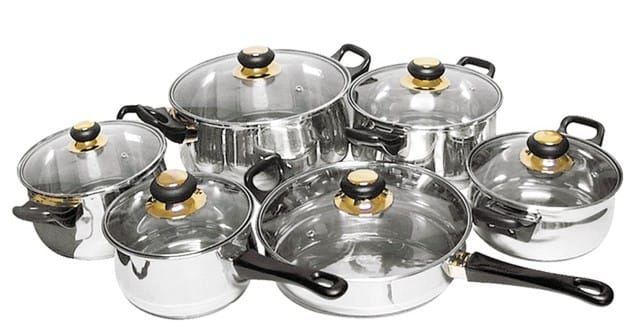 Spetebo - Stahl Kochtopf-Set - 12-teilig - Pfannen und Töpfe mit Glas Deckel
