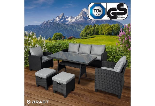 Gartenmöbel Set Delight Schwarz/Grau bis zu 7 Personen inkl. extra Dicke Kissen tüv geprüft Outdoor Loungemöbel Sitzgruppe Essgruppe Garnitur - Brast