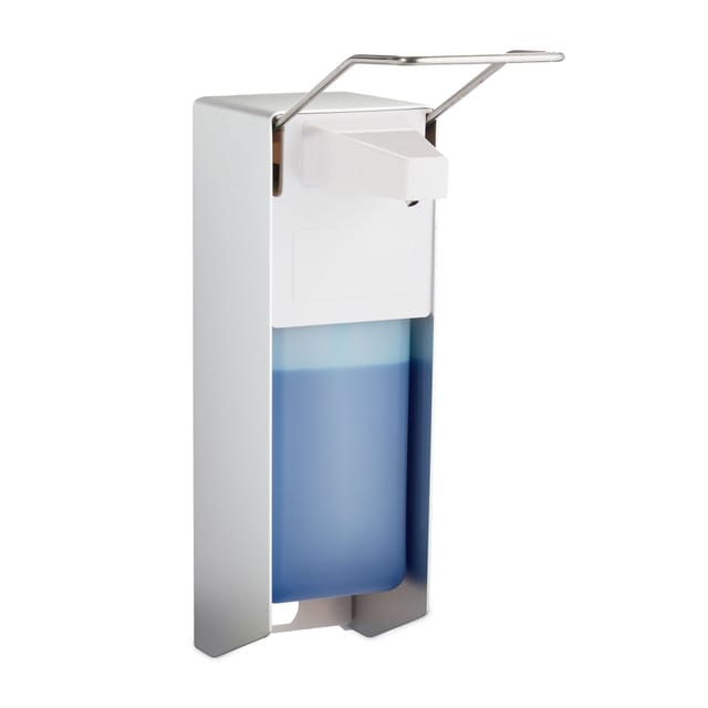 Relaxdays - Eurospender, 1000 ml, Desinfektionsmittel, Seife, Ellenbogen-Hebel, Wandbefestigung, Hygienespender, silber