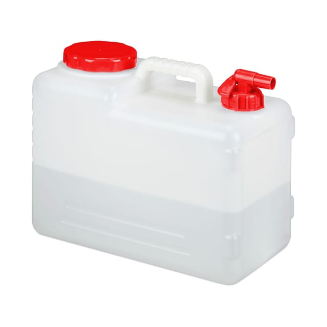 Relaxdays - Wasserkanister mit Hahn, Schraubdeckel, Trinkwasserkanister Camping, 15l Tank, BPA-frei, Kunststoff, weiß-rot