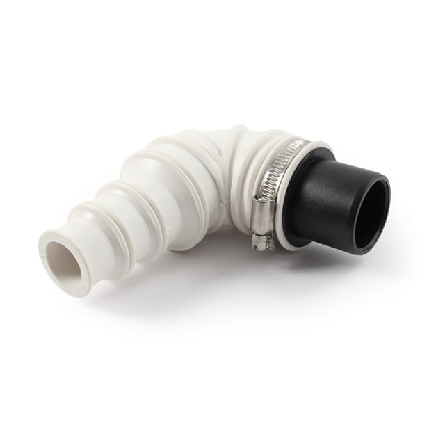 Wiltec - Rückschlagventil DN40 für Sanitärbereich, Rückschlagklappe mit 40 mm Außendurchschmesser, 90° Winkelstück mit Stufentülle und Schlauchschelle