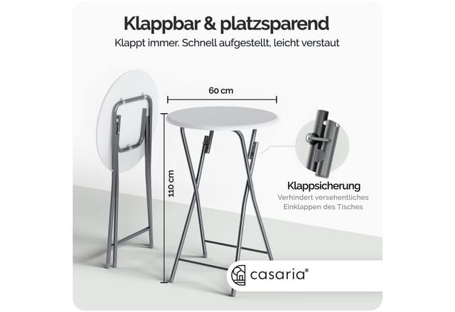 Stehtisch Klappbar 110cm Hoch Rund ø 60cm Holz Garten Camping Bistrotisch Bartisch Biertisch Partytisch Esstisch Klapptisch Gartentisch Weiß - Casaria