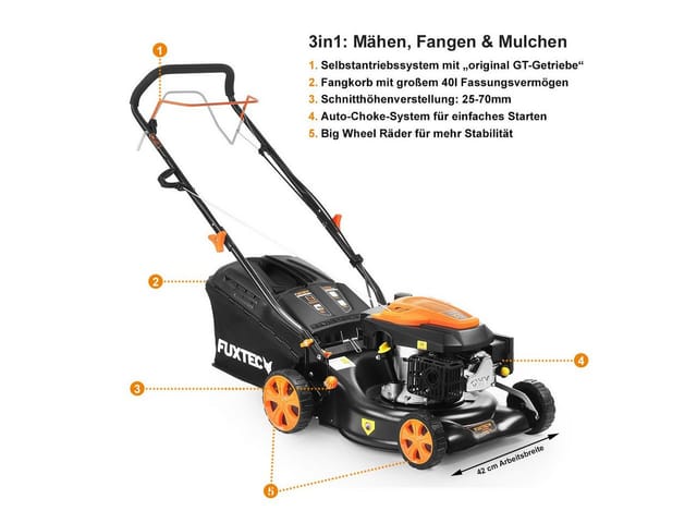 Fuxtec - 3in1 Benzin Rasenmäher FX-RM4346 – 3,5PS/2,6kW 42cm Schnittbreite & 5-stufige Höhenverstellung 25mm-70mm 4-Takt Mäher mit Hinterradantrieb