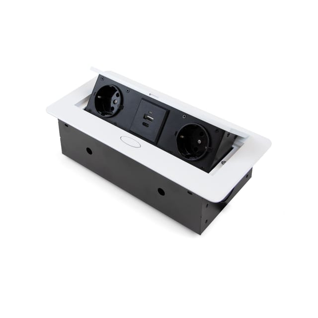 Desktop-Multistecker Atom 26 Lite, 225x111mm, 2 Schukosteckdosen, 1 usb Typ a, 1 usb Typ c, Zamak-Stahl-Kunststoff, Weiß - Emuca