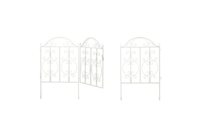 Gartentor, 3-teilig, Stahl, Gartenpforte Ornamente, Gartentür mit 2 Zaunelementen, HxB: 98,5 x 185 cm, weiß - Relaxdays