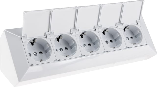 5-fach Steckdosenblock, weiß 250V/ 16A, Aufbaumontage mit Klappen