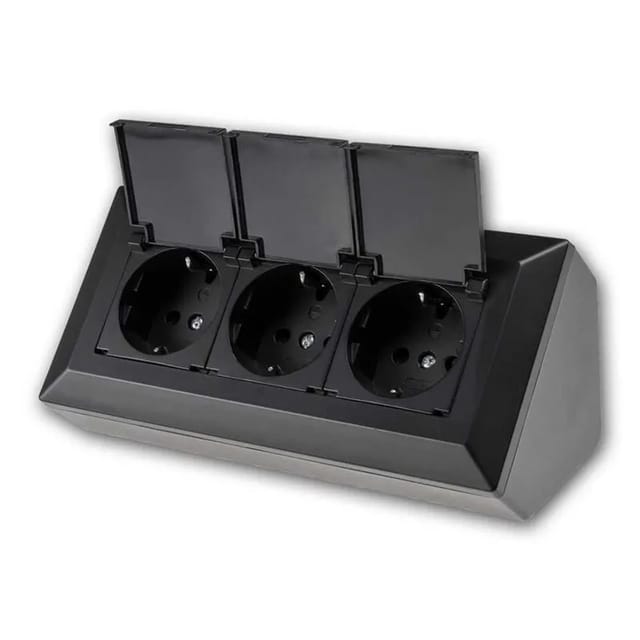 3-fach Steckdosenblock, schwarz 250V/ 16A, Aufbaumontage mit Klappen