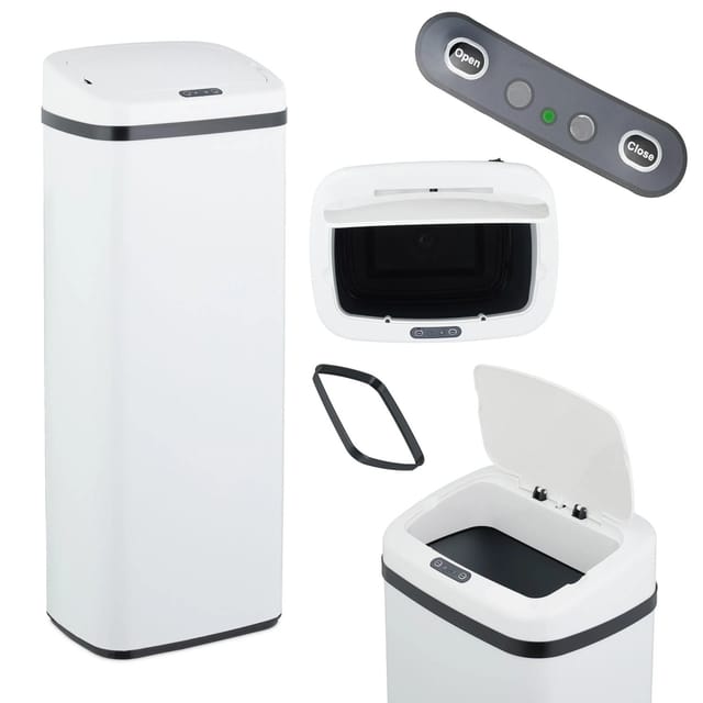 Relaxdays - Mülleimer mit Sensor, 50l, elektrischer Deckel, Müllbeutelhalter, Küchenmülleimer, Abfalleimer Küche, weiß